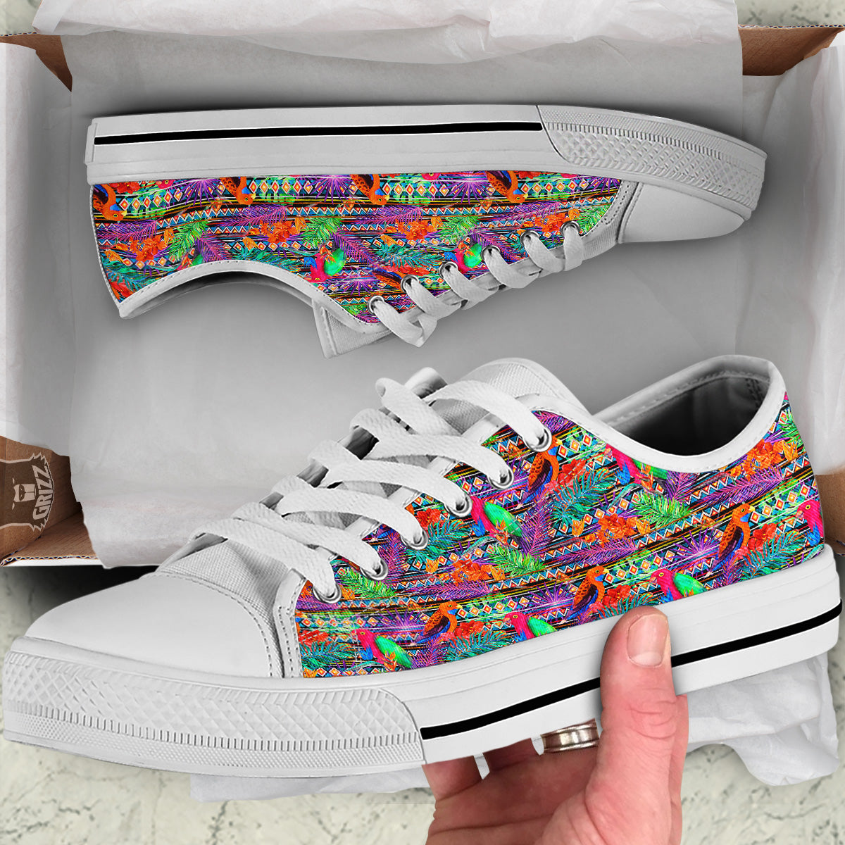 Tropical Leaves Exotic Bird Aztec Print Pattern White Low Top Shoes-grizzshop
