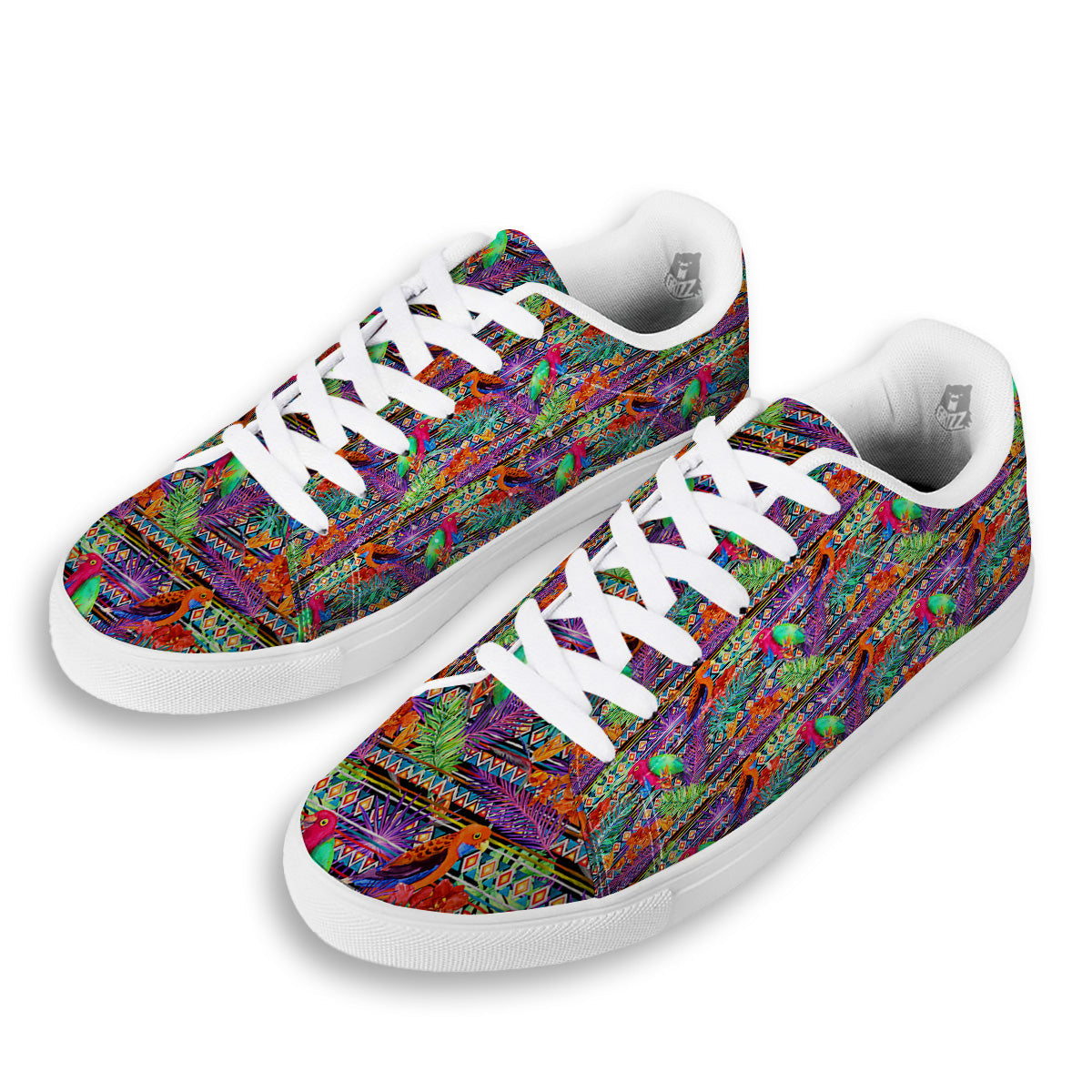 Tropical Leaves Exotic Bird Aztec Print Pattern White Low Top Sneakers-grizzshop