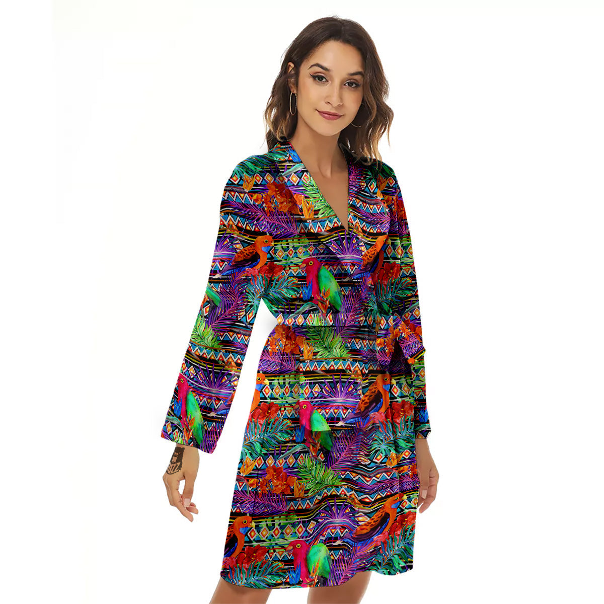 Tropical Leaves Exotic Bird Aztec Print Pattern Women's Robe-grizzshop