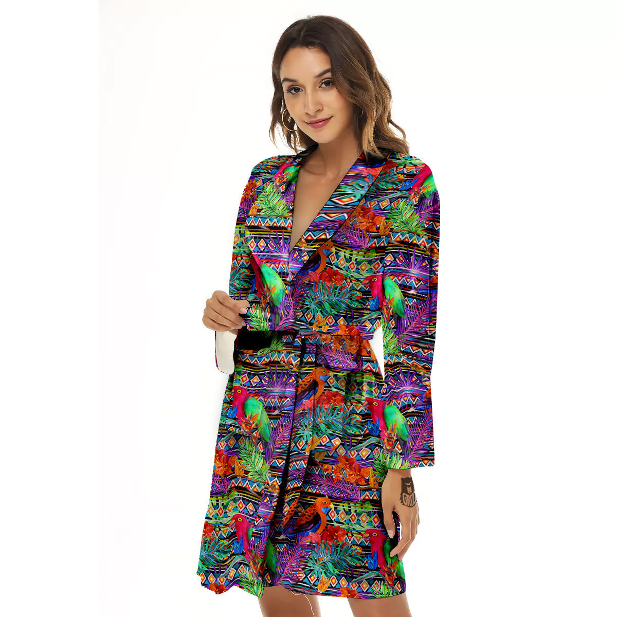 Tropical Leaves Exotic Bird Aztec Print Pattern Women's Robe-grizzshop