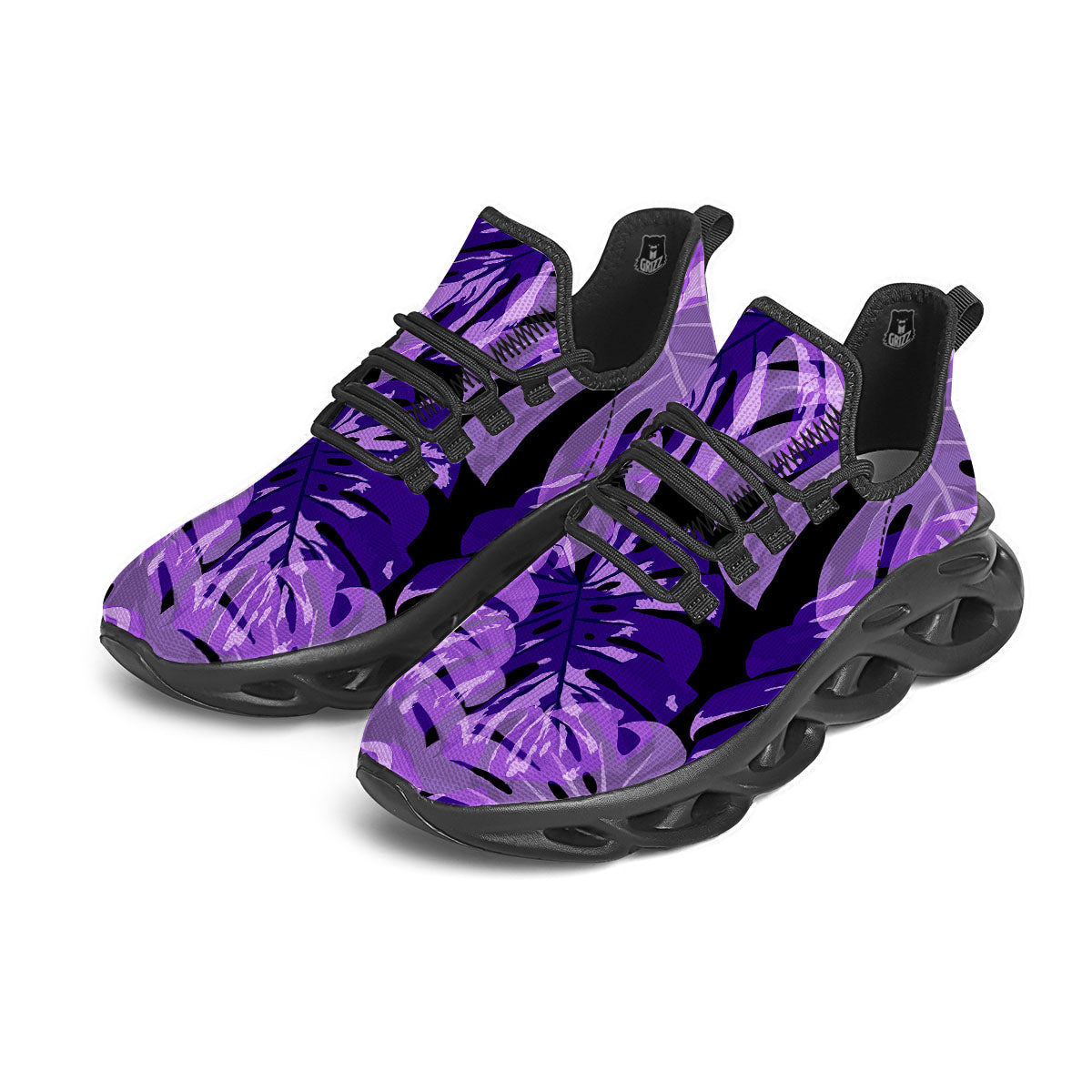 Tropical Leaves Purple Print Black Running Shoes-grizzshop