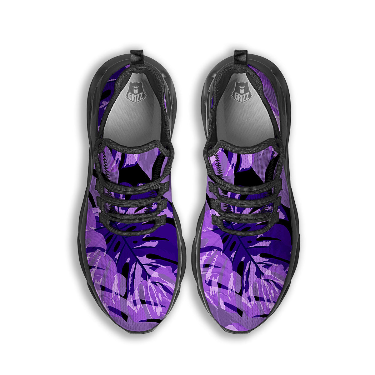 Tropical Leaves Purple Print Black Running Shoes-grizzshop