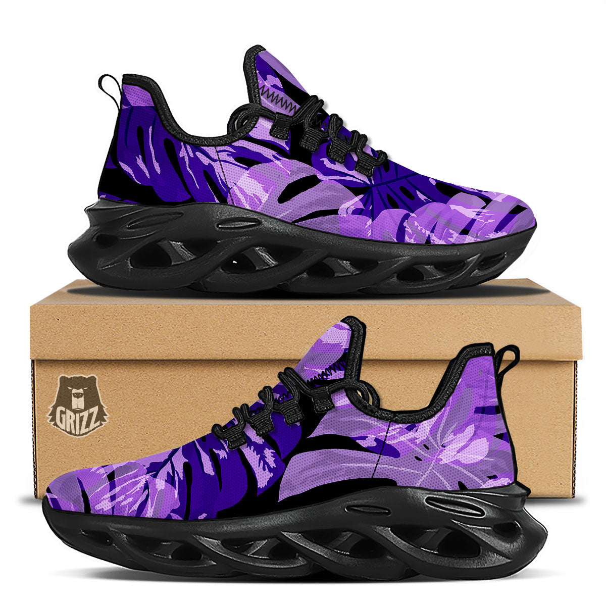 Tropical Leaves Purple Print Black Running Shoes-grizzshop