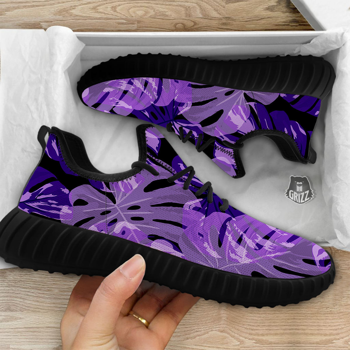 Tropical Leaves Purple Print Black Walking Shoes-grizzshop