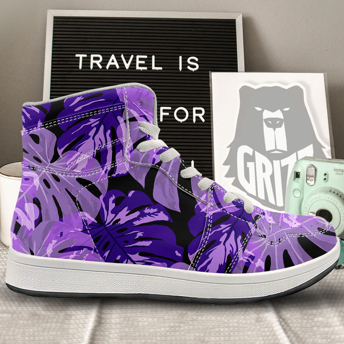Tropical Leaves Purple Print High Top Sneakers-grizzshop
