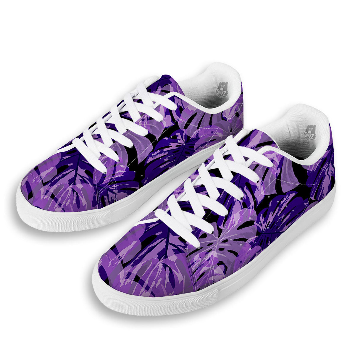 Tropical Leaves Purple Print White Low Top Sneakers-grizzshop