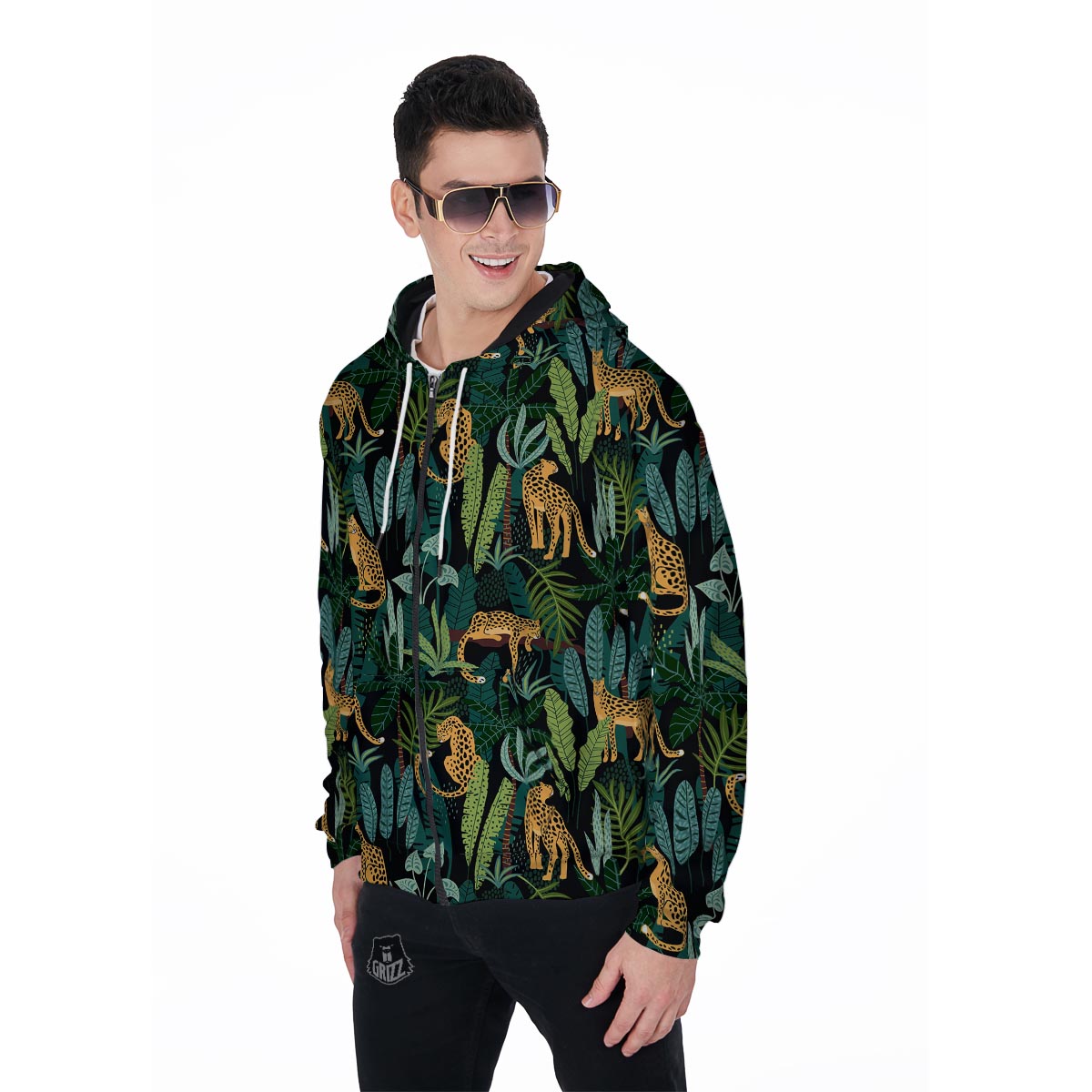 Tropical Leopard Hawaiian Print Men's Zip Up Hoodie-grizzshop