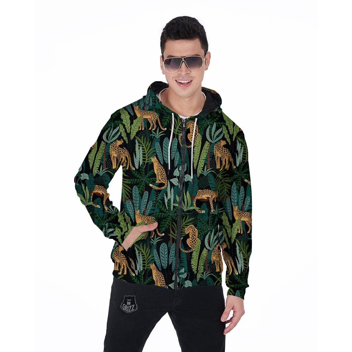 Tropical Leopard Hawaiian Print Men's Zip Up Hoodie-grizzshop
