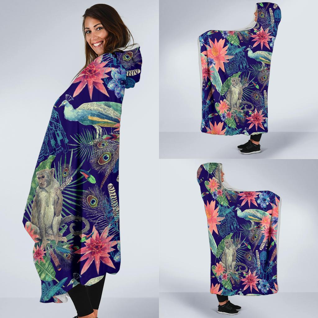 Tropical Monkey Print Pattern Hooded Blanket-grizzshop