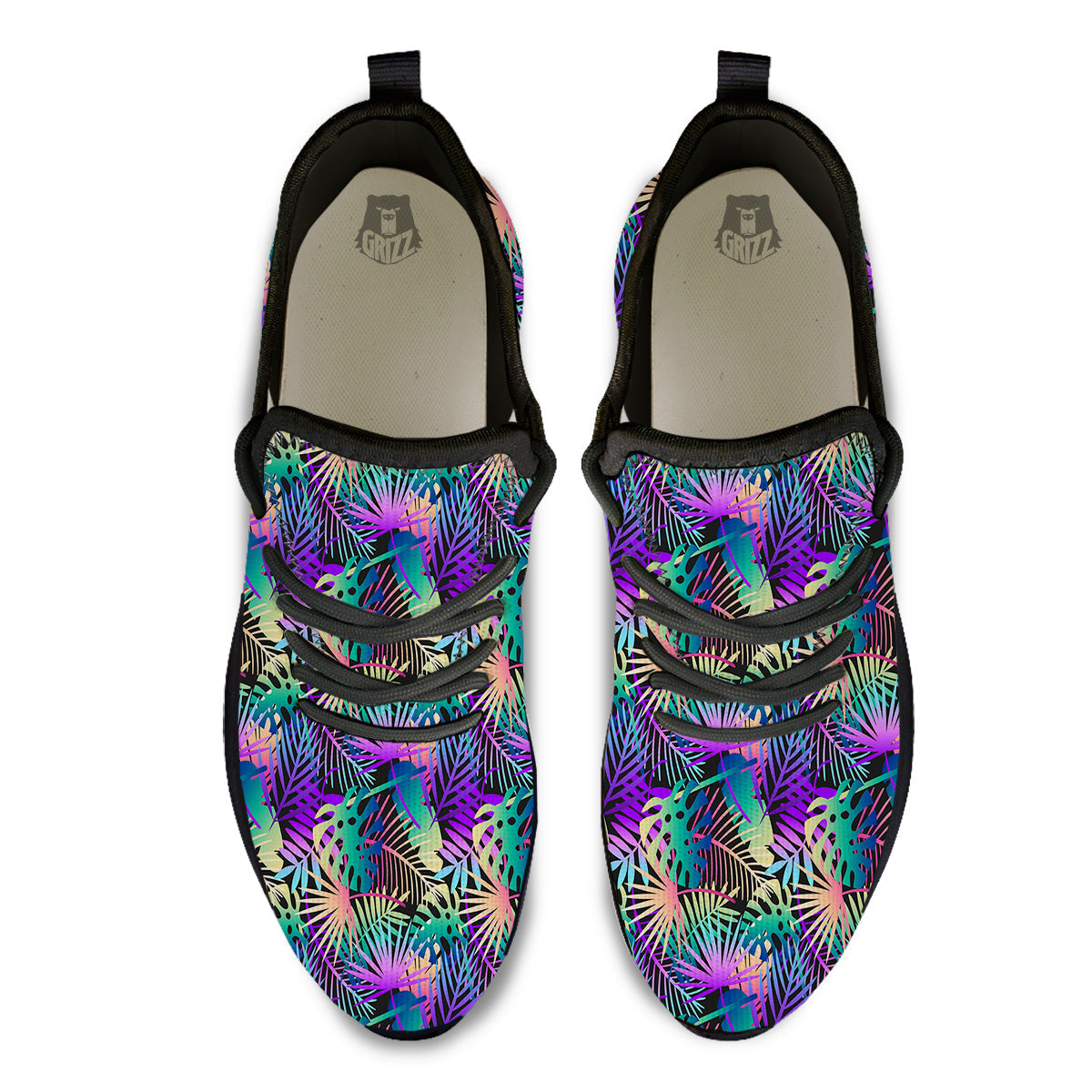 Tropical Neon Color And Palm Leaves Print Pattern Black Athletic Shoes-grizzshop