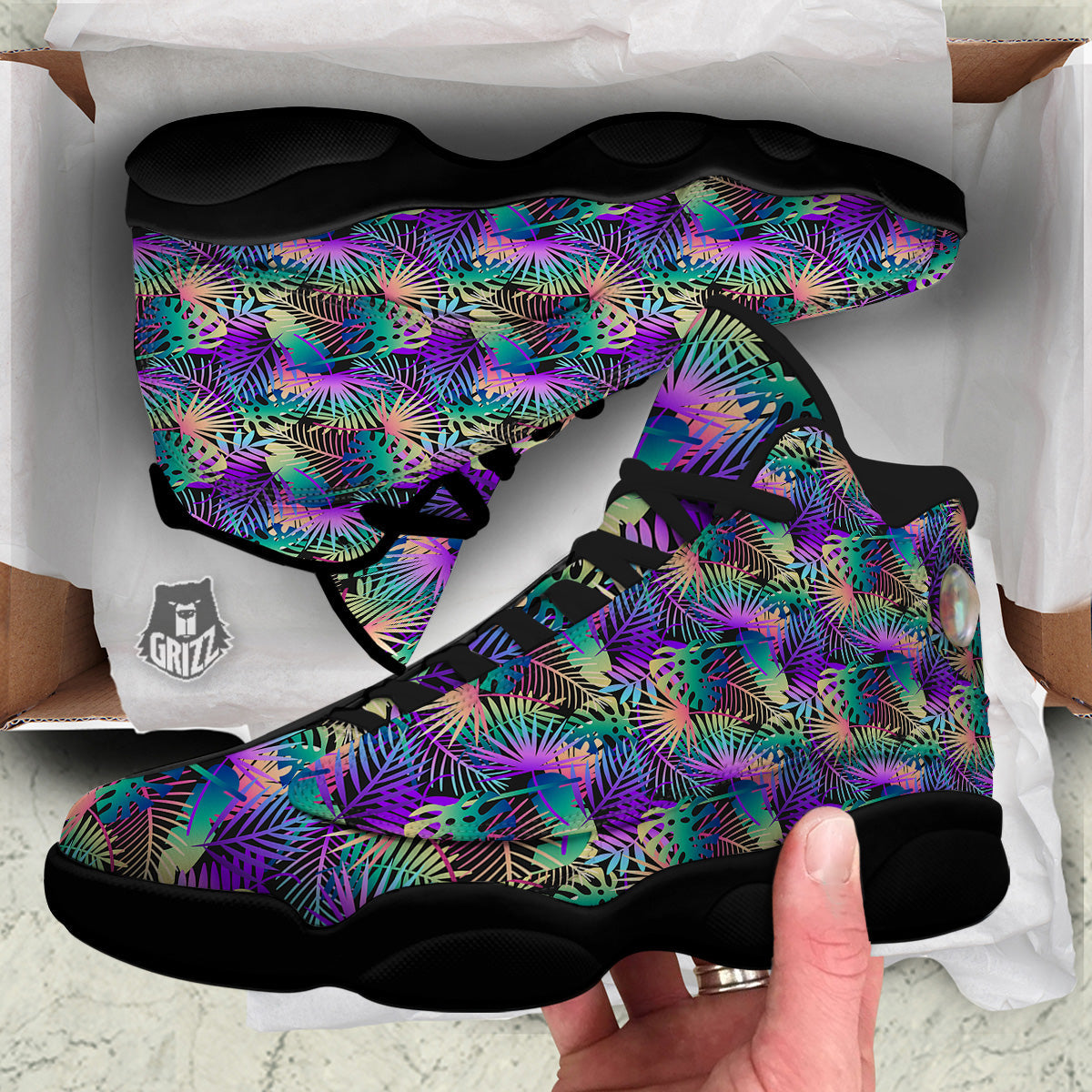 Tropical Neon Color And Palm Leaves Print Pattern Black Basketball Shoes-grizzshop