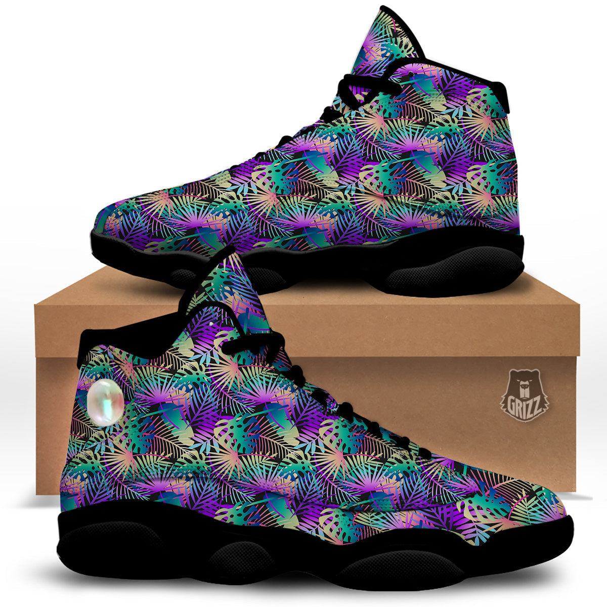 Tropical Neon Color And Palm Leaves Print Pattern Black Basketball Shoes-grizzshop