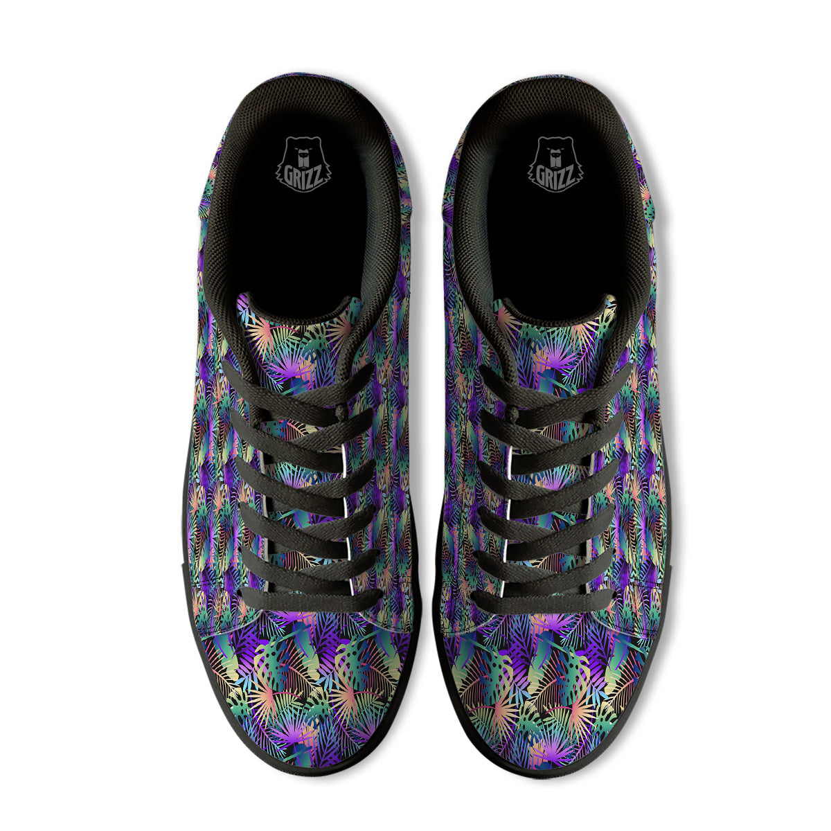 Tropical Neon Color And Palm Leaves Print Pattern Black Low Top Sneakers-grizzshop