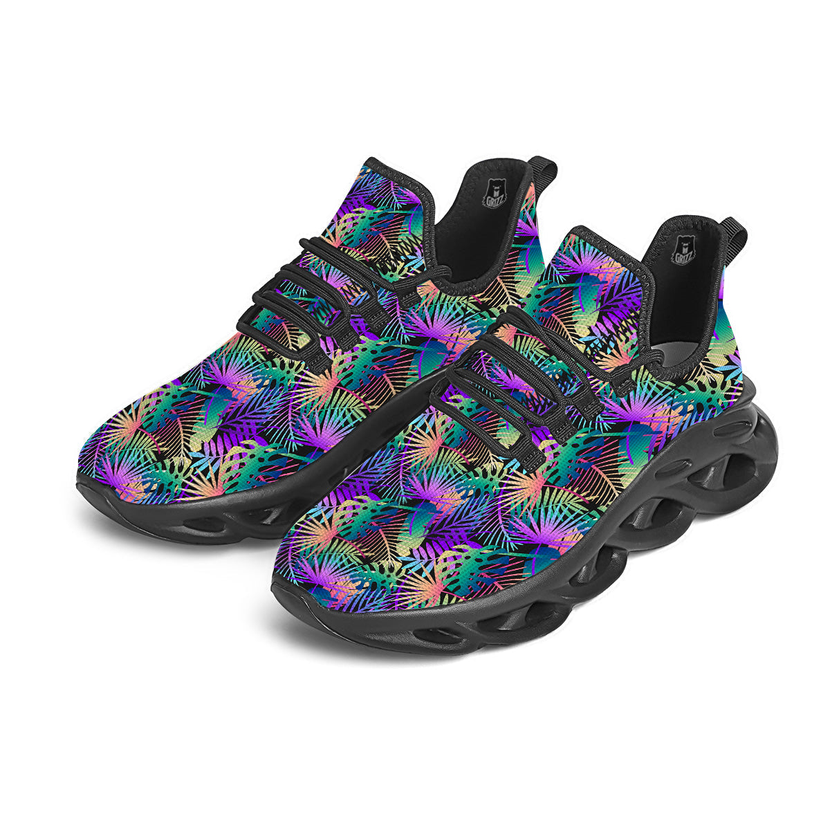 Tropical Neon Color And Palm Leaves Print Pattern Black Running Shoes-grizzshop