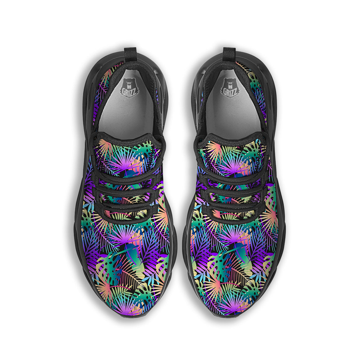 Tropical Neon Color And Palm Leaves Print Pattern Black Running Shoes-grizzshop