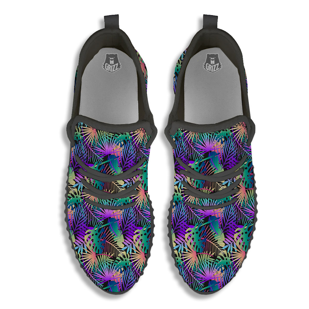 Tropical Neon Color And Palm Leaves Print Pattern Black Walking Shoes-grizzshop