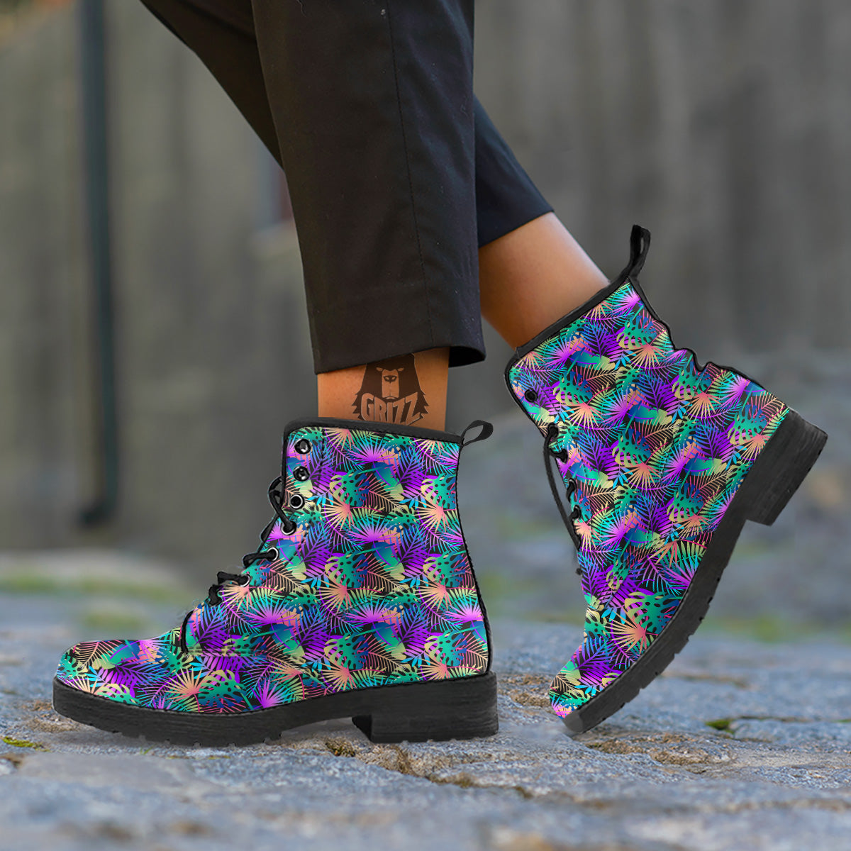 Tropical Neon Color And Palm Leaves Print Pattern Leather Boots-grizzshop