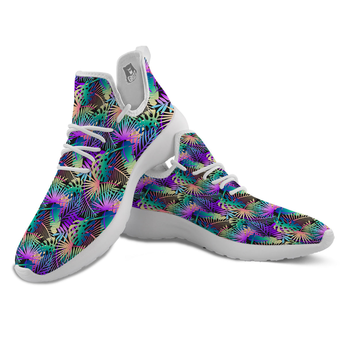 Tropical Neon Color And Palm Leaves Print Pattern White Athletic Shoes-grizzshop