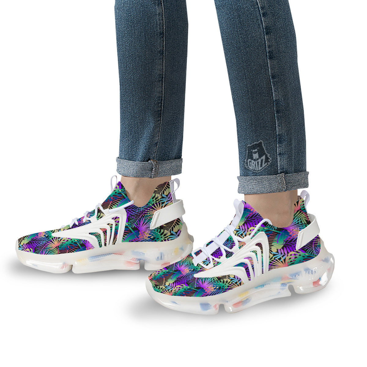 Tropical Neon Color And Palm Leaves Print Pattern White Gym Shoes-grizzshop