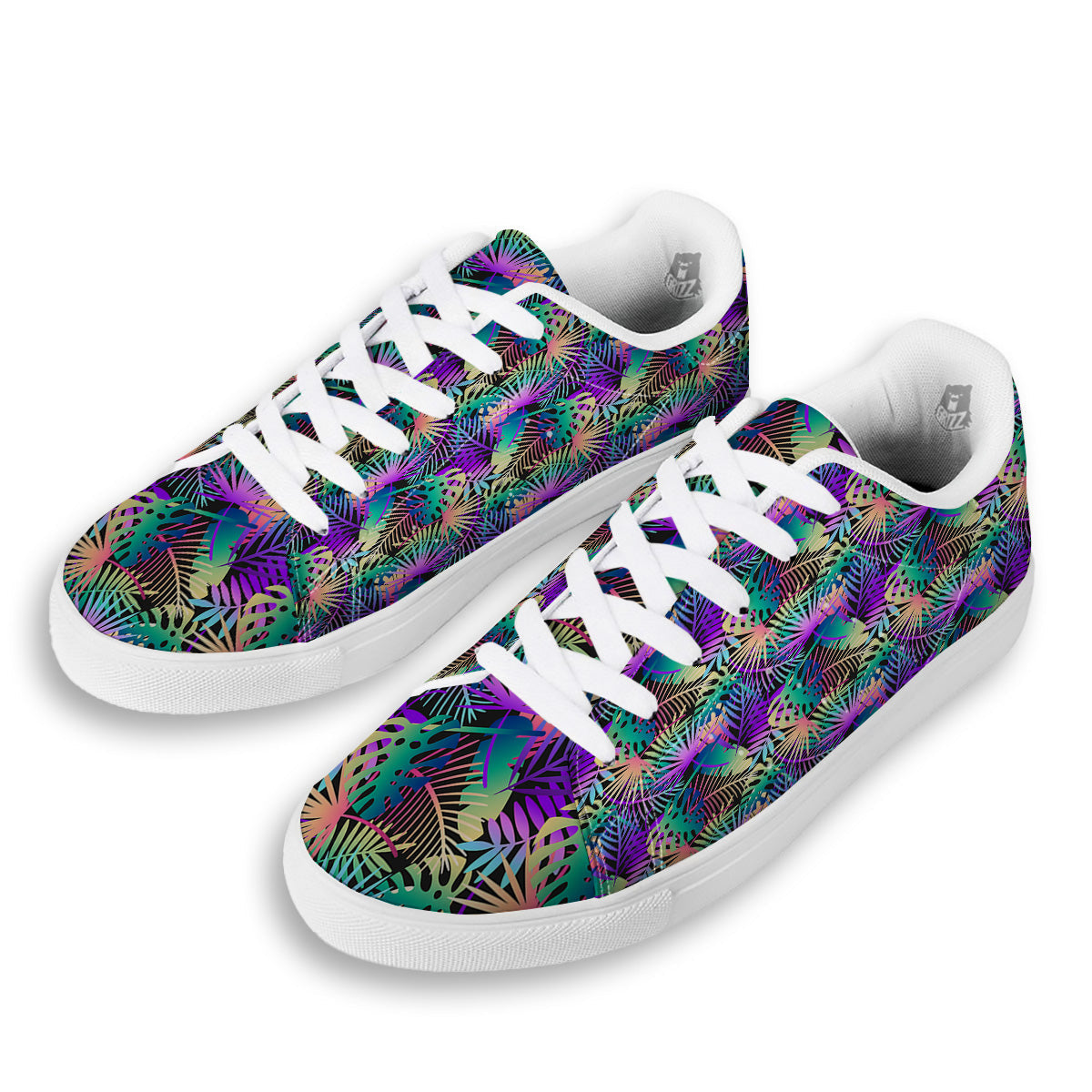 Tropical Neon Color And Palm Leaves Print Pattern White Low Top Sneakers-grizzshop