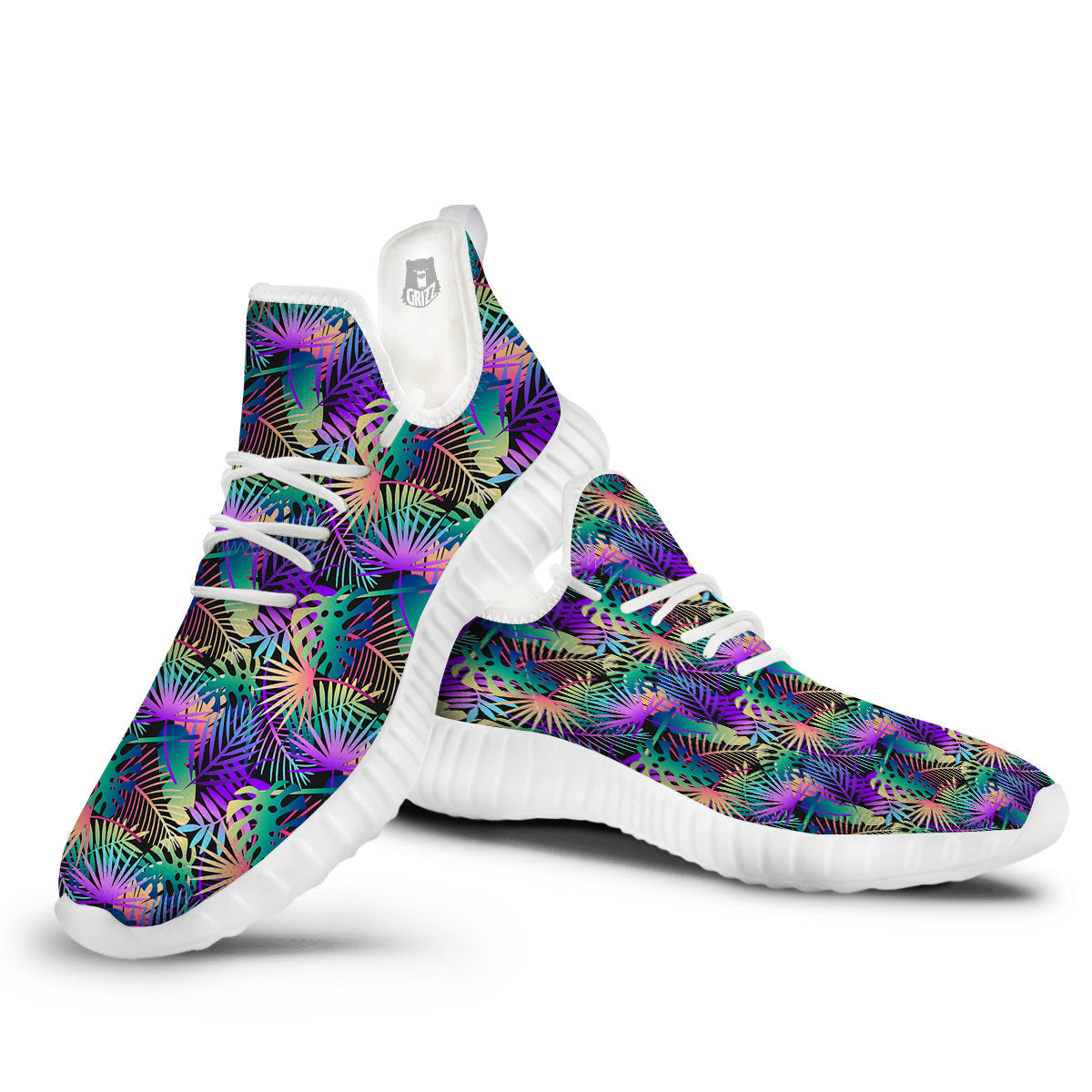 Tropical Neon Color And Palm Leaves Print Pattern White Walking Shoes-grizzshop