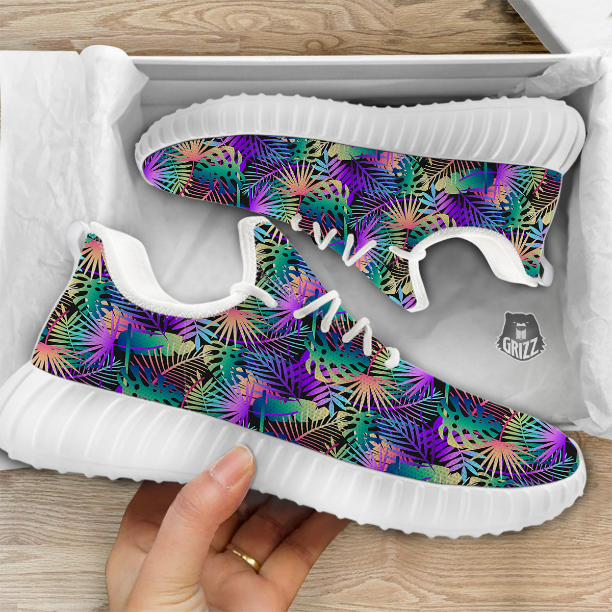 Tropical Neon Color And Palm Leaves Print Pattern White Walking Shoes-grizzshop