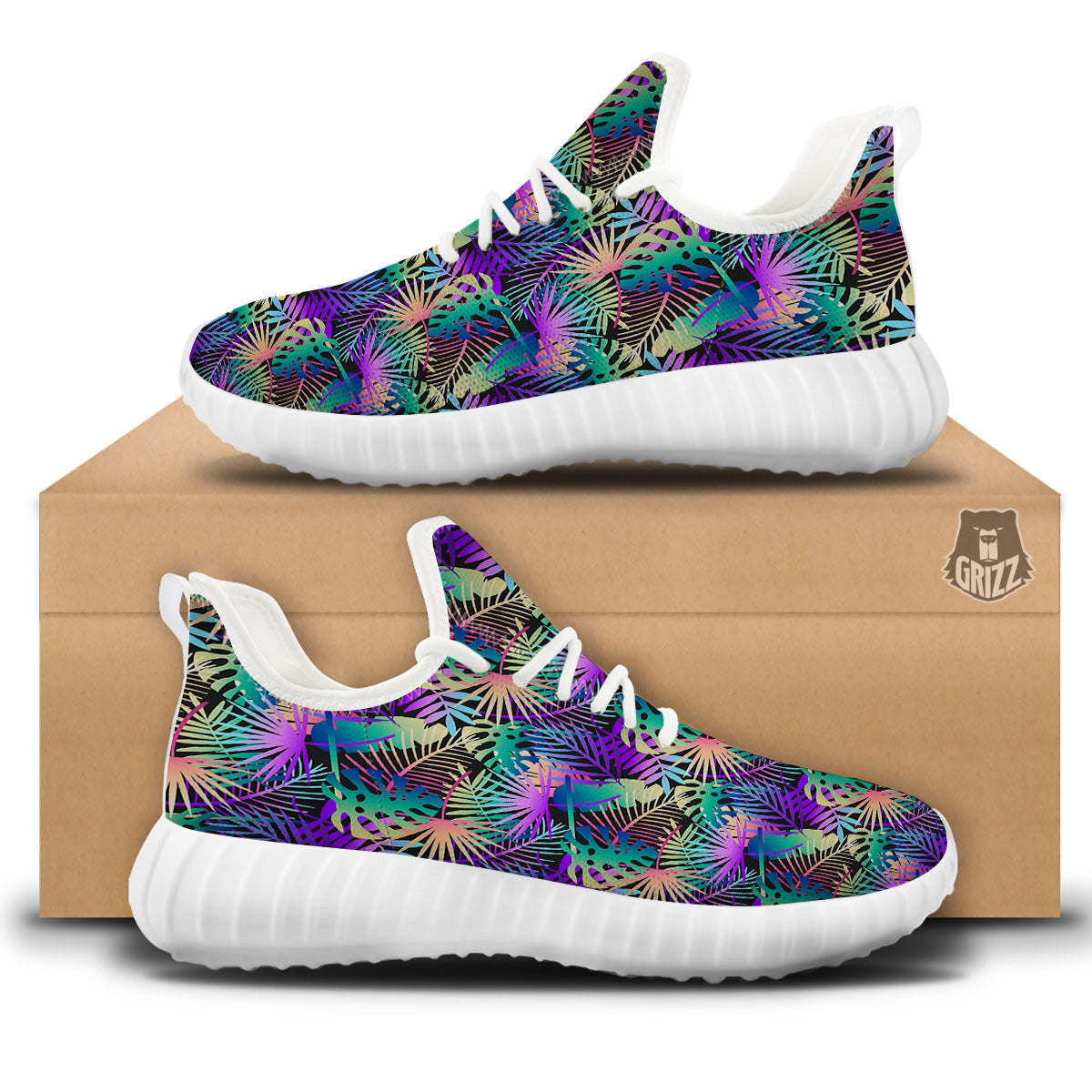 Tropical Neon Color And Palm Leaves Print Pattern White Walking Shoes-grizzshop