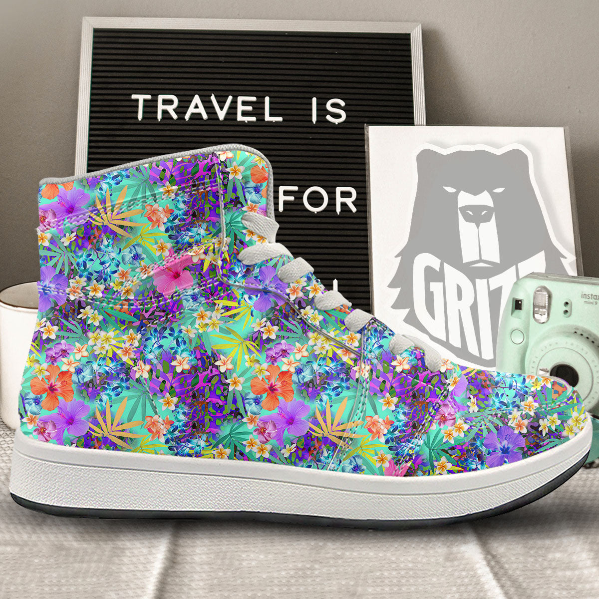 Tropical Neon Hibiscus Print Pattern High Top Sneakers-grizzshop