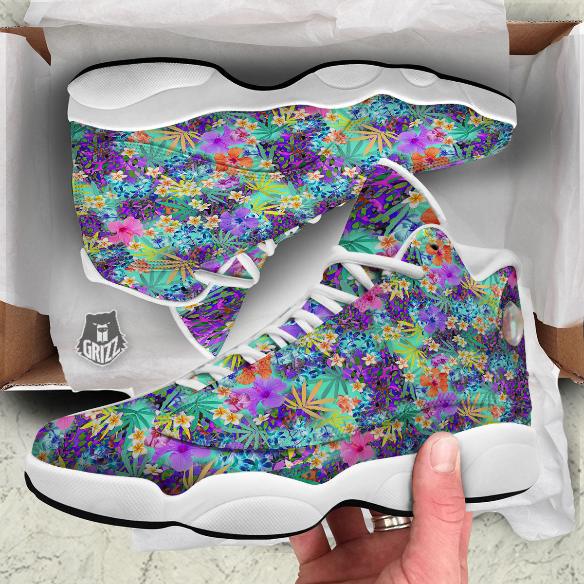Tropical Neon Hibiscus Print Pattern White Basketball Shoes-grizzshop