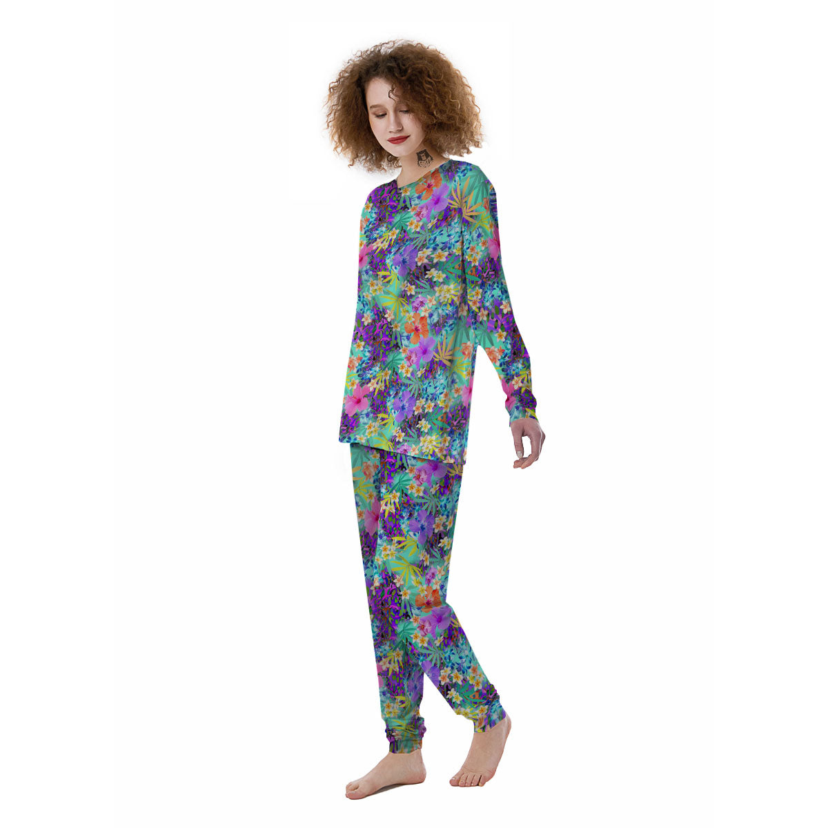 Tropical Neon Hibiscus Print Pattern Women's Pajamas-grizzshop