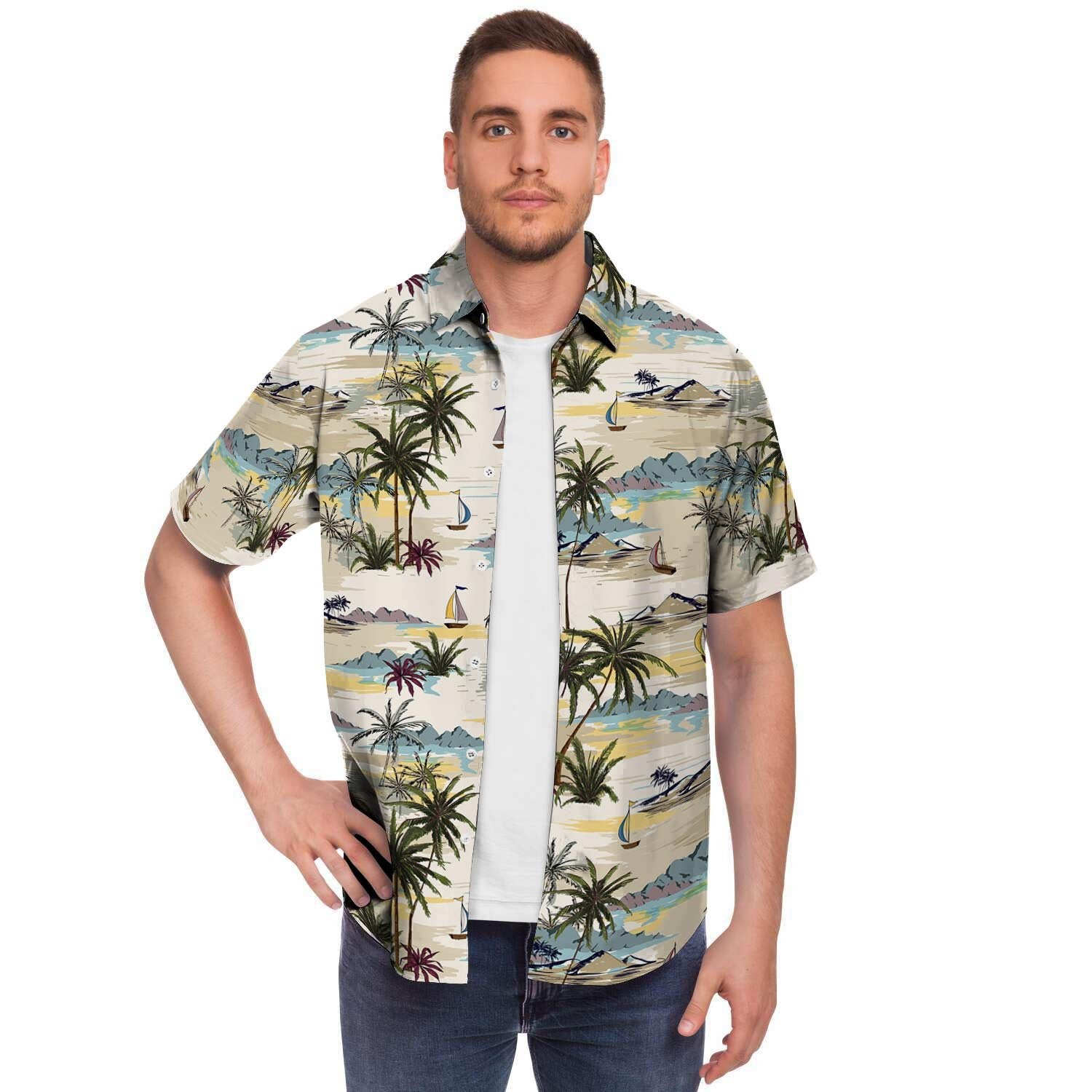 Tropical Palm Lead Island Print Men's Short Sleeve Shirt-grizzshop