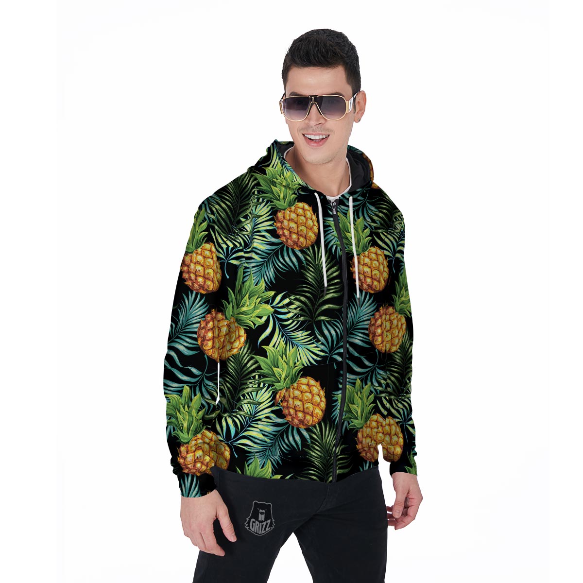 Tropical Palm Leaf Pineapple Print Men's Zip Up Hoodie-grizzshop