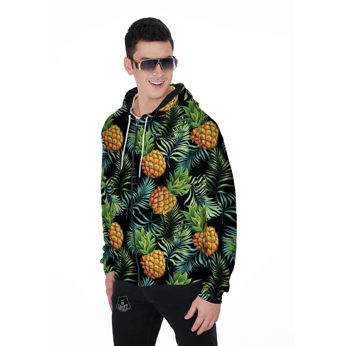 Tropical Palm Leaf Pineapple Print Men's Zip Up Hoodie-grizzshop