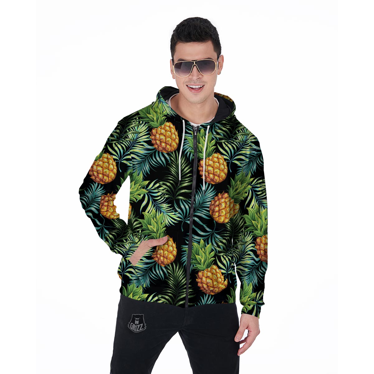 Tropical Palm Leaf Pineapple Print Men's Zip Up Hoodie-grizzshop