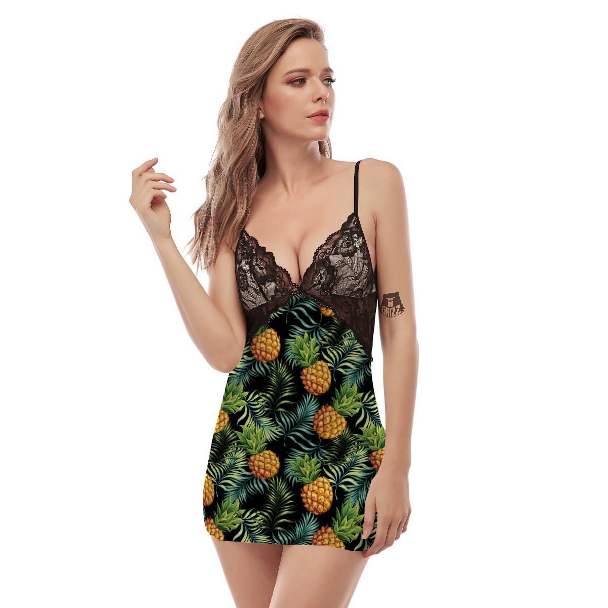 Tropical Palm Leaf Pineapple Print Women's Sexy Night Dress-grizzshop