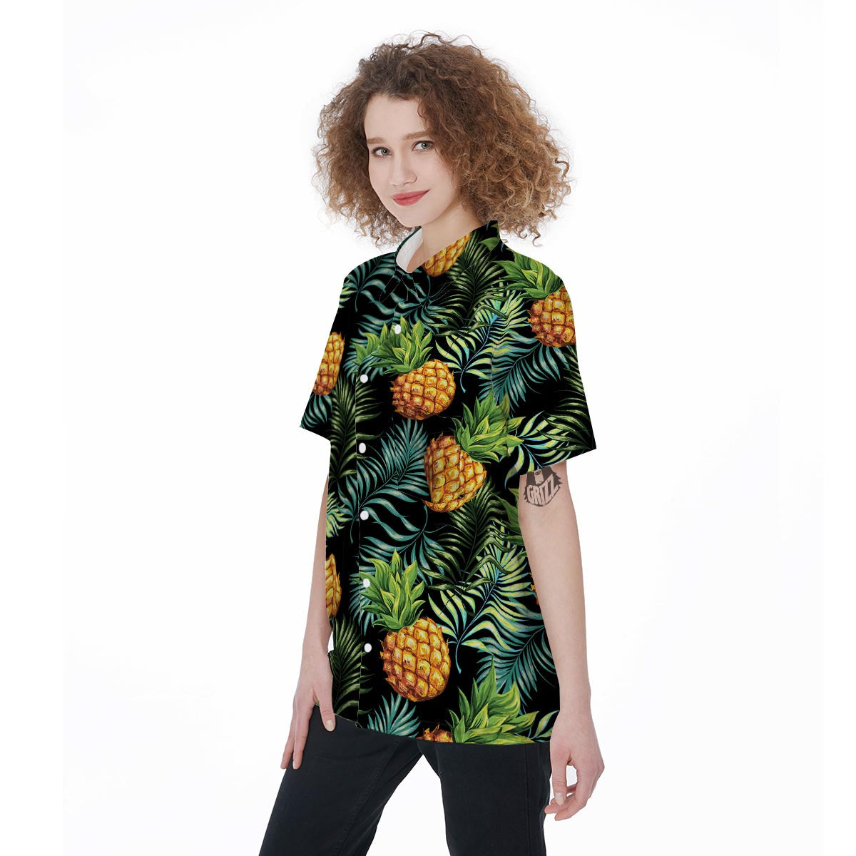 Tropical Palm Leaf Pineapple Print Women's Short Sleeve Shirts-grizzshop