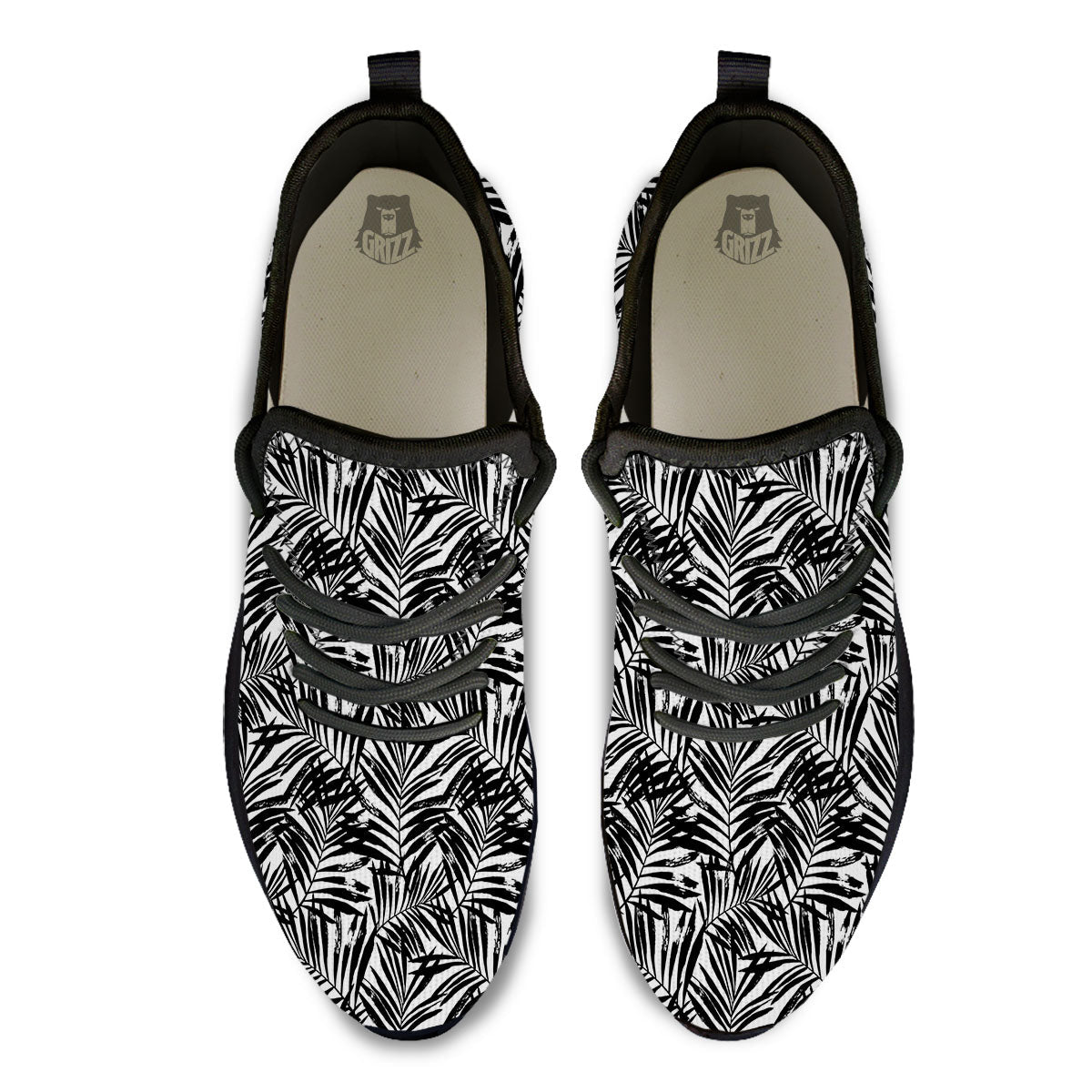 Tropical Palm Leaf White And Black Print Black Athletic Shoes-grizzshop