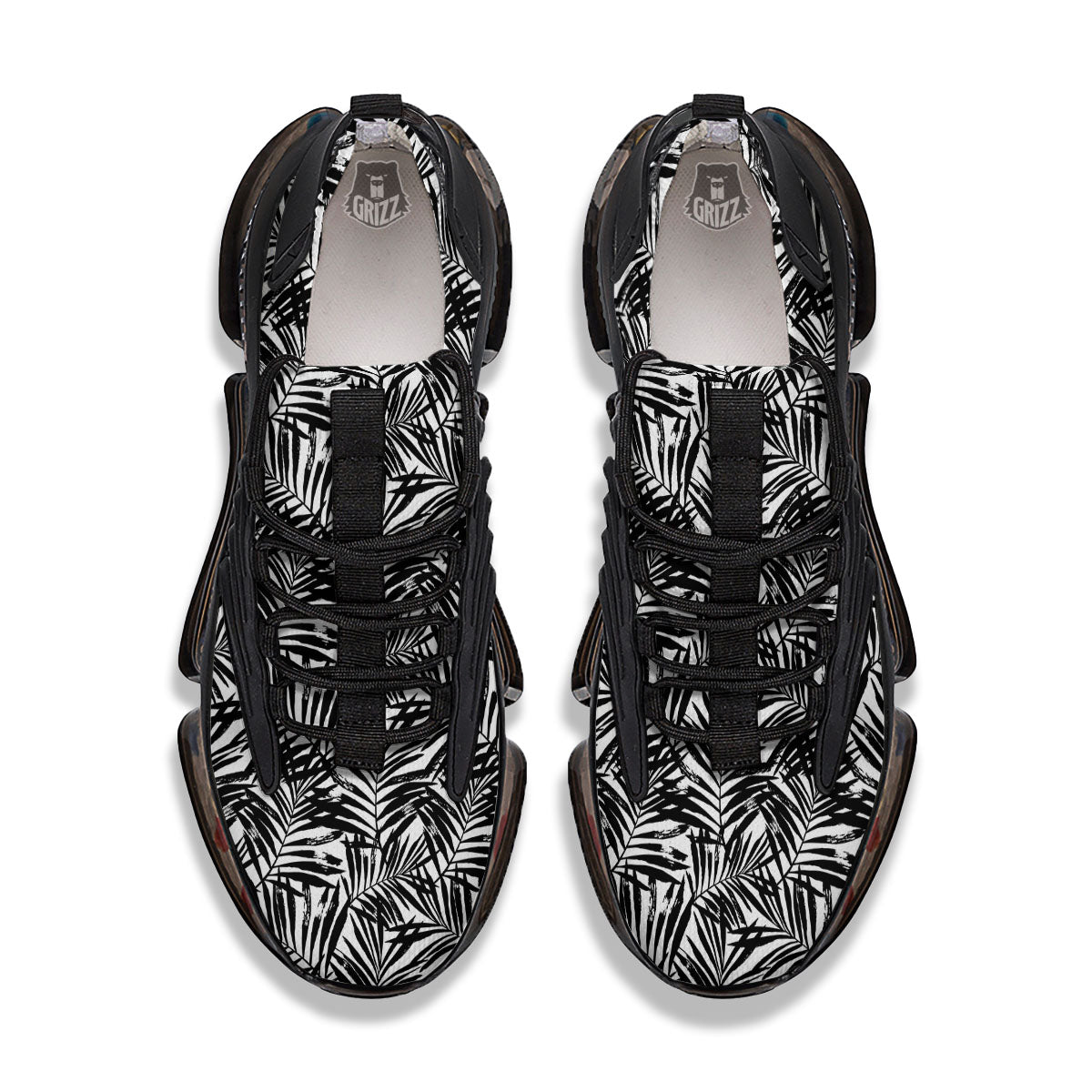 Tropical Palm Leaf White And Black Print Black Gym Shoes-grizzshop