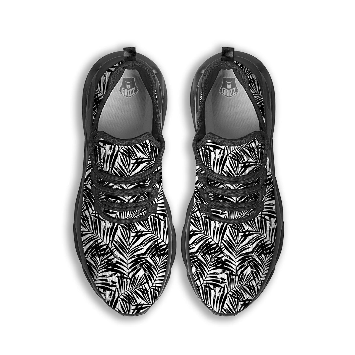 Tropical Palm Leaf White And Black Print Black Running Shoes-grizzshop
