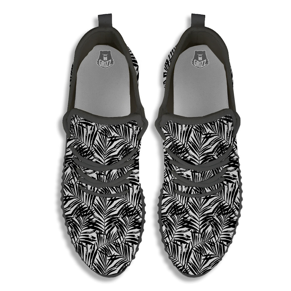 Tropical Palm Leaf White And Black Print Black Walking Shoes-grizzshop