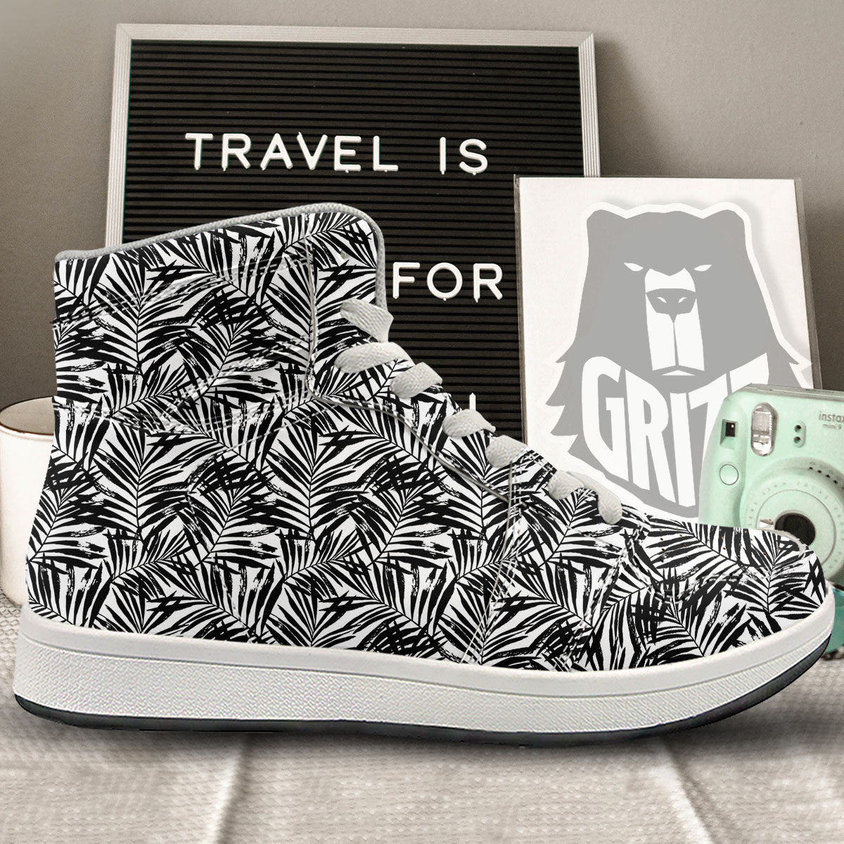 Tropical Palm Leaf White And Black Print High Top Sneakers-grizzshop