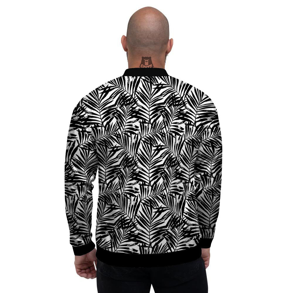 Tropical Palm Leaf White And Black Print Men's Bomber Jacket-grizzshop