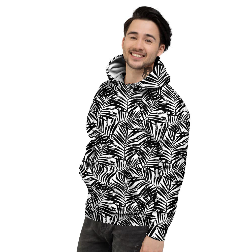 Tropical Palm Leaf White And Black Print Men's Hoodie-grizzshop