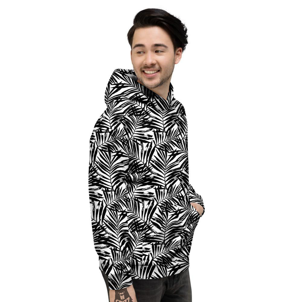 Tropical Palm Leaf White And Black Print Men's Hoodie-grizzshop