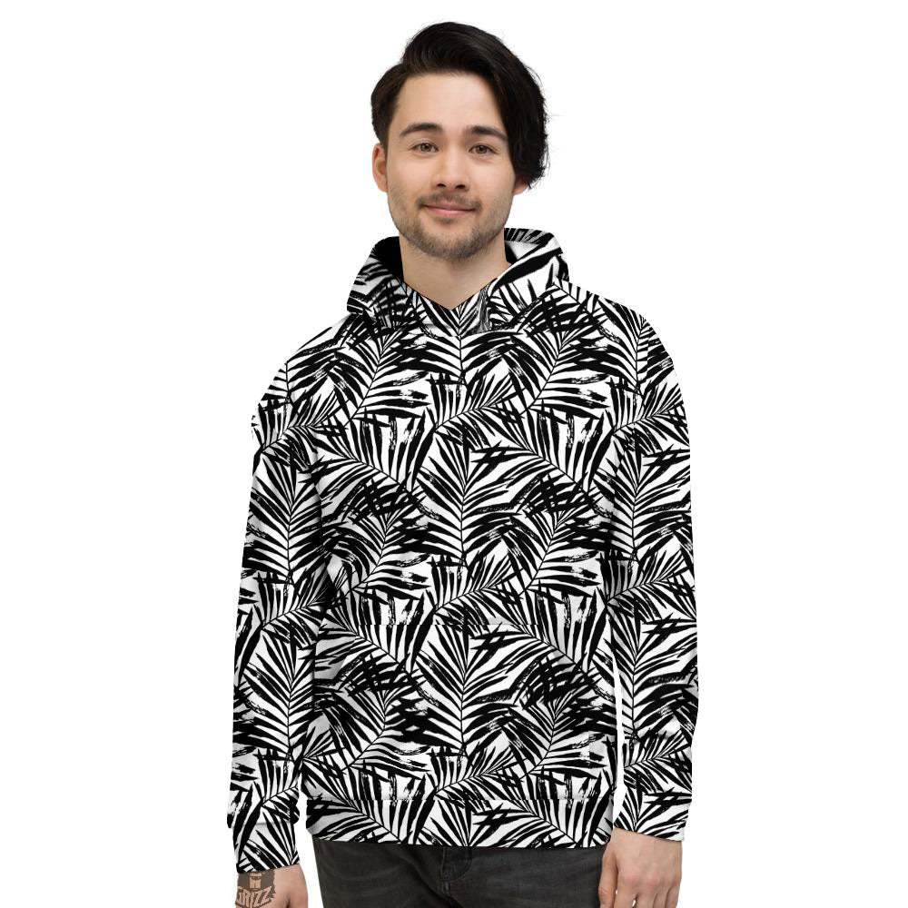 Tropical Palm Leaf White And Black Print Men's Hoodie-grizzshop