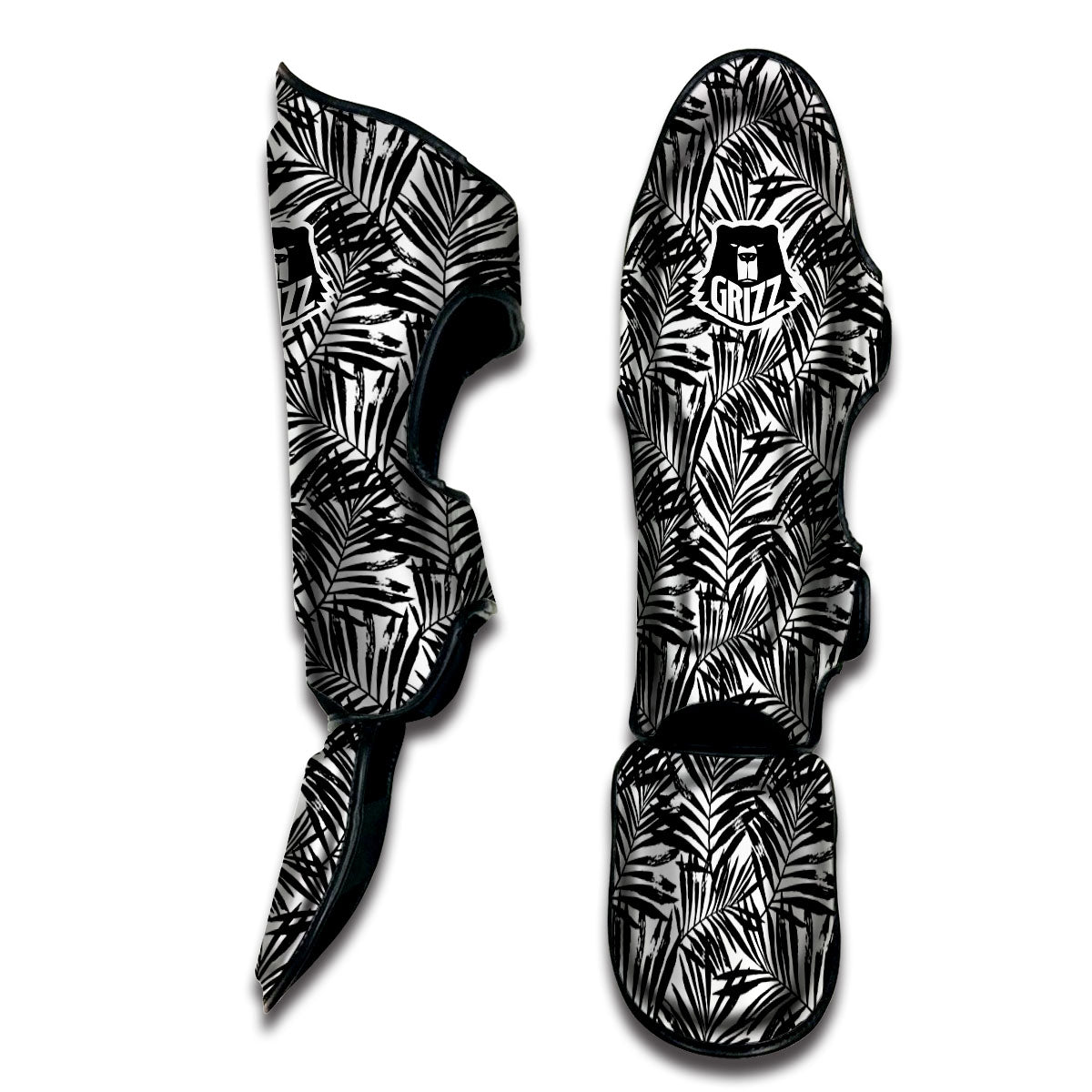 Tropical Palm Leaf White And Black Print Muay Thai Shin Guards-grizzshop