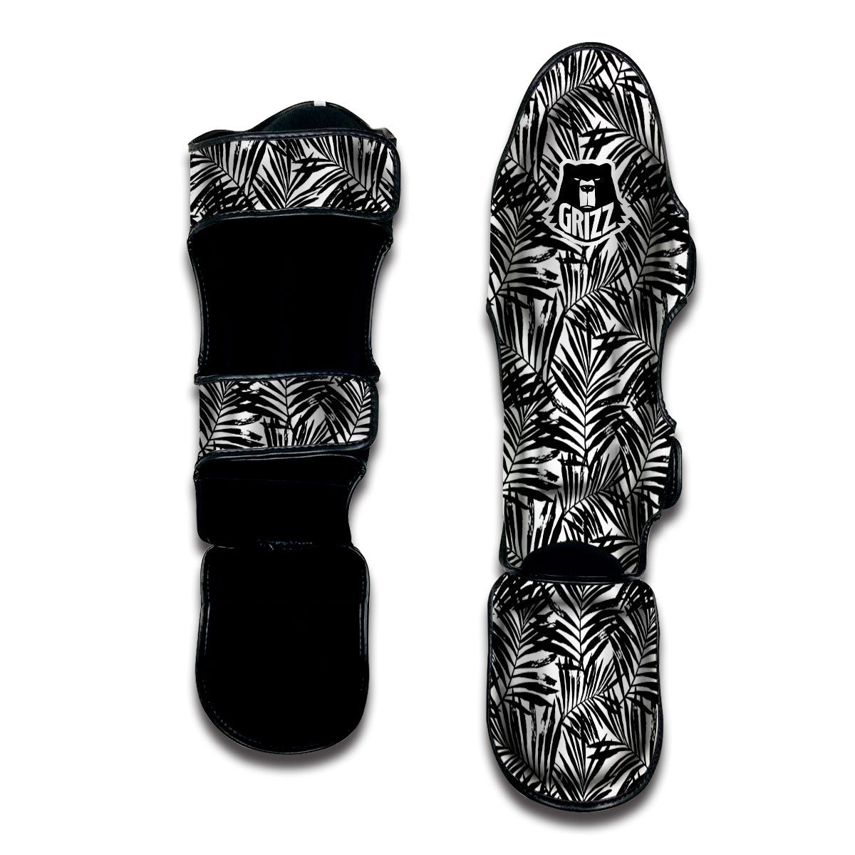 Tropical Palm Leaf White And Black Print Muay Thai Shin Guards-grizzshop