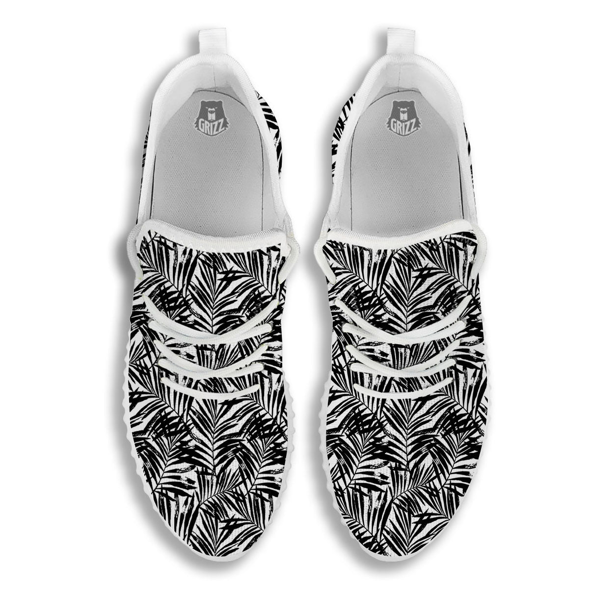 Tropical Palm Leaf White And Black Print White Walking Shoes-grizzshop