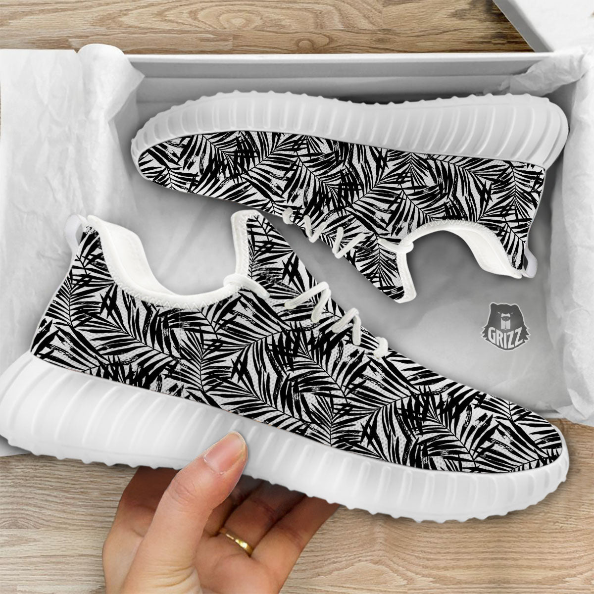 Tropical Palm Leaf White And Black Print White Walking Shoes-grizzshop