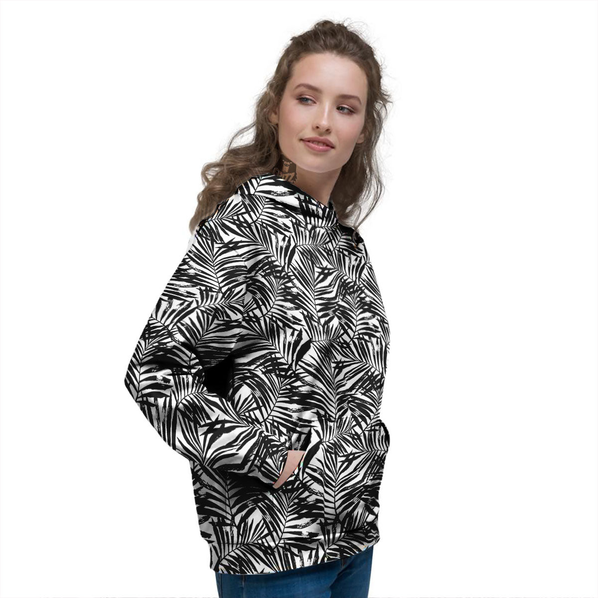 Tropical Palm Leaf White And Black Print Women's Hoodie-grizzshop